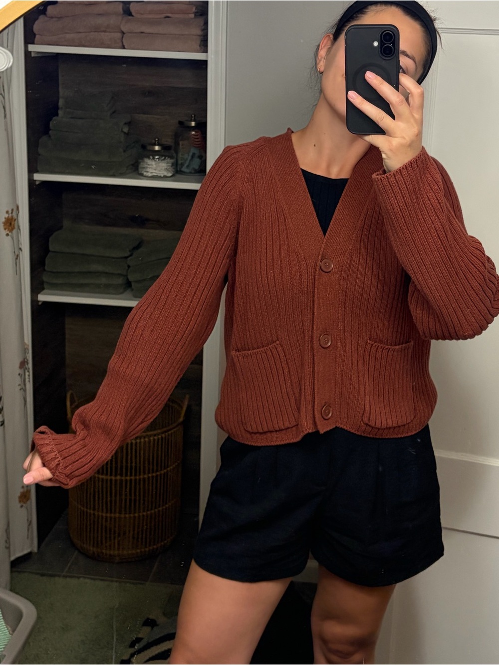 GAP Ribbed Button-Up Cardigan in Rust Brown - Picture 2 of 2